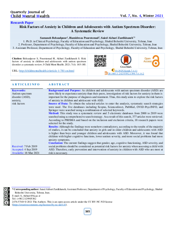 (PDF) Risk Factors of Anxiety in Children and Adolescents with Autism ...