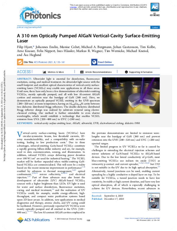 (PDF) A 310 nm Optically Pumped AlGaN Vertical-Cavity Surface-Emitting ...