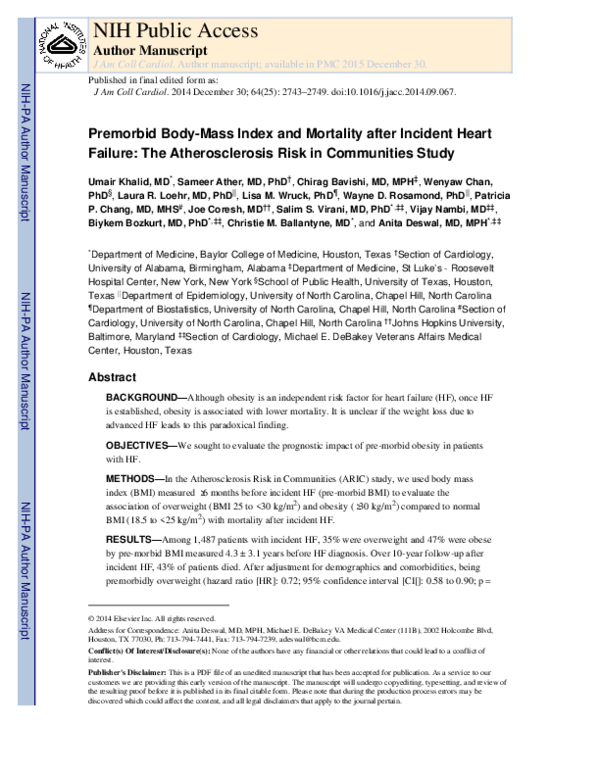 (PDF) Pre-Morbid Body Mass Index and Mortality After Incident Heart Failure
