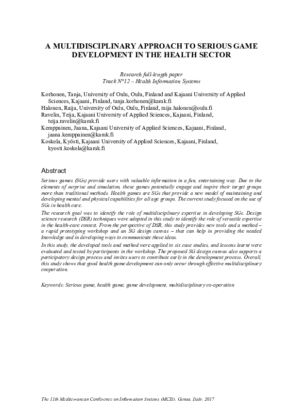 (PDF) A Multidisciplinary Approach To Serious Game Development In The ...