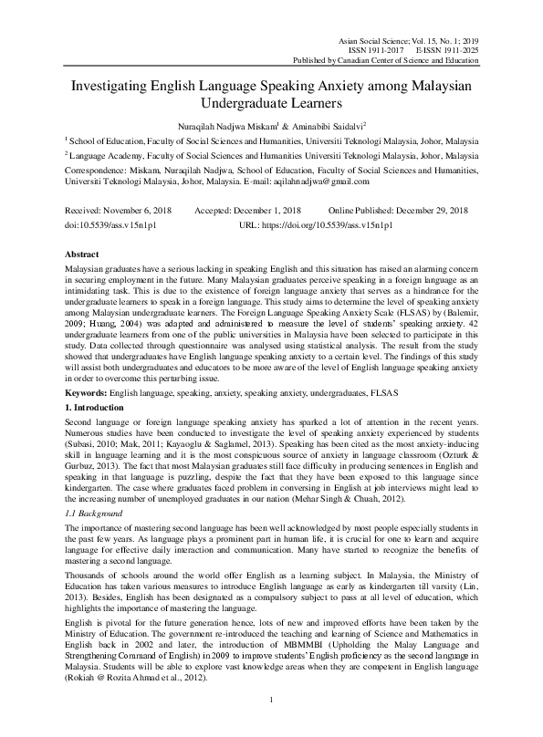 (PDF) Investigating English Language Speaking Anxiety among Malaysian ...