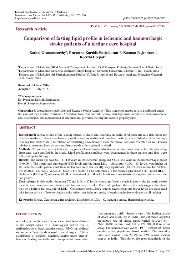 (PDF) Comparison of fasting lipid profile in ischemic and haemorrhagic ...