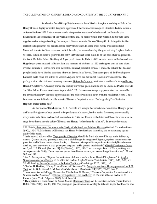 THE CULTIVATION OF HISTORY, LEGEND AND COURTESY AT THE COURT OF HENRY II