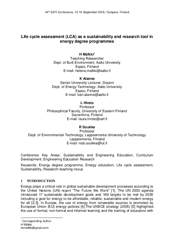 (PDF) Life cycle assessment (LCA) as a sustainability and research tool ...