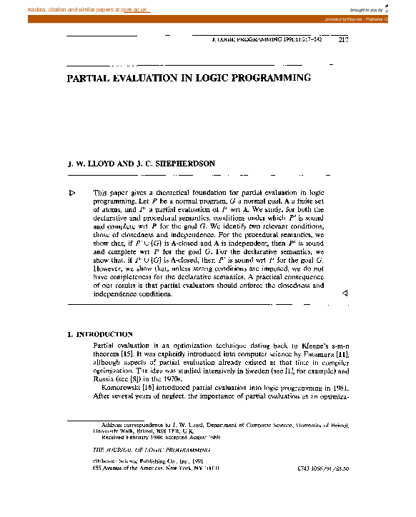(PDF) Partial Evaluation In Logic Programming