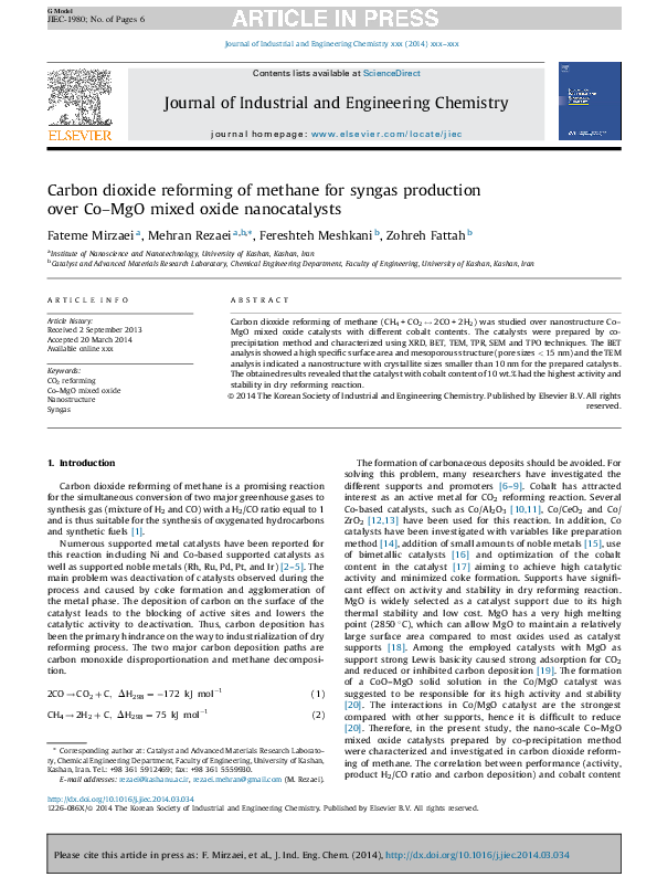 (PDF) Carbon dioxide reforming of methane for syngas production over Co ...