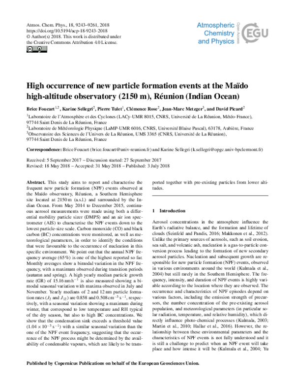 (PDF) High occurrence of new particle formation events at the Maïdo ...