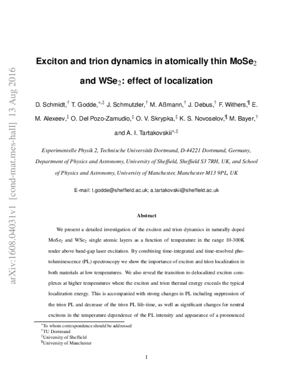 (PDF) Exciton and trion dynamics in atomically thinMoSe2andWSe2: Effect ...