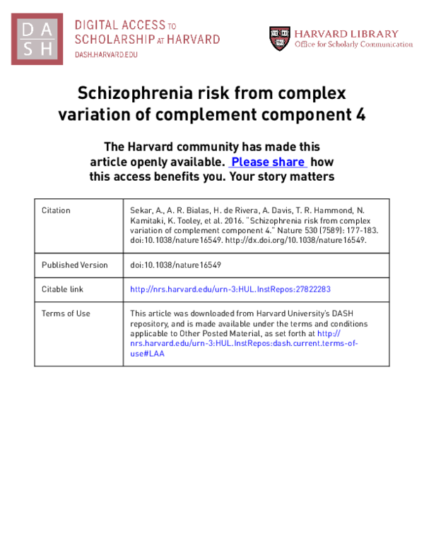 (PDF) Schizophrenia risk from complex variation of complement component 4