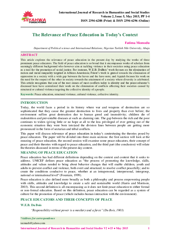 (PDF) The Relevance of Peace Education in Today ’ s Context