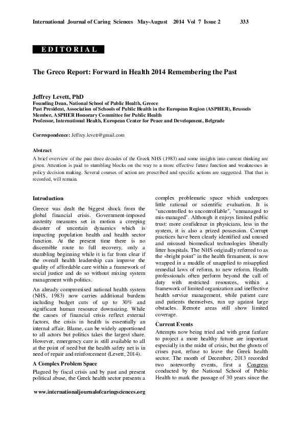 (PDF) The Greco Report Forward in Health 2014 Remembering the