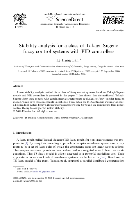 (PDF) Stability analysis for a class of Takagi-Sugeno fuzzy control ...