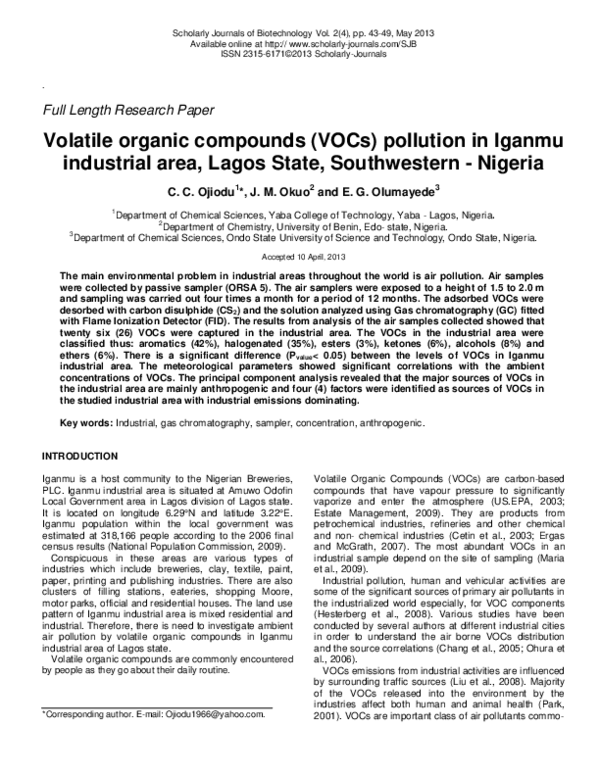 (PDF) Volatile organic compounds ( VOCs ) pollution in Iganmu ...