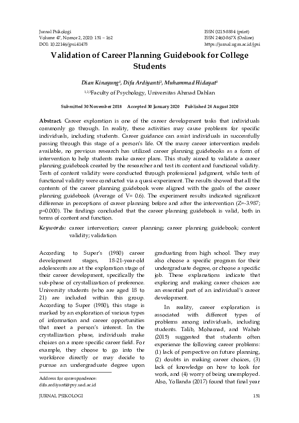 (PDF) Validation of Career Planning Guidebook for College Students