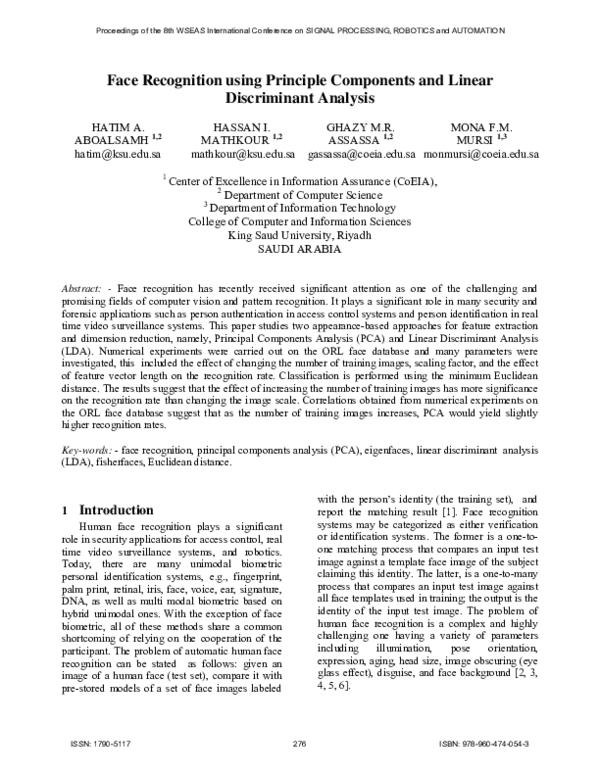 (PDF) Face recognition using principle components and linear ...