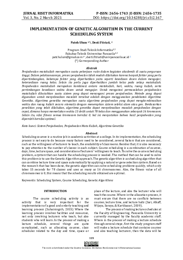 (PDF) Implementation of Genetic Algorithm in the Current Scheduling System