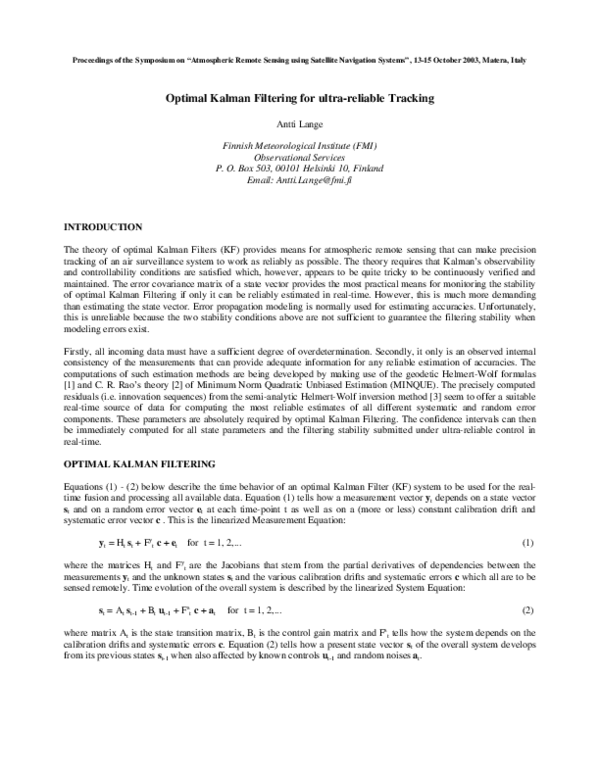 (PDF) Optimal Kalman Filtering for ultra-reliable Tracking