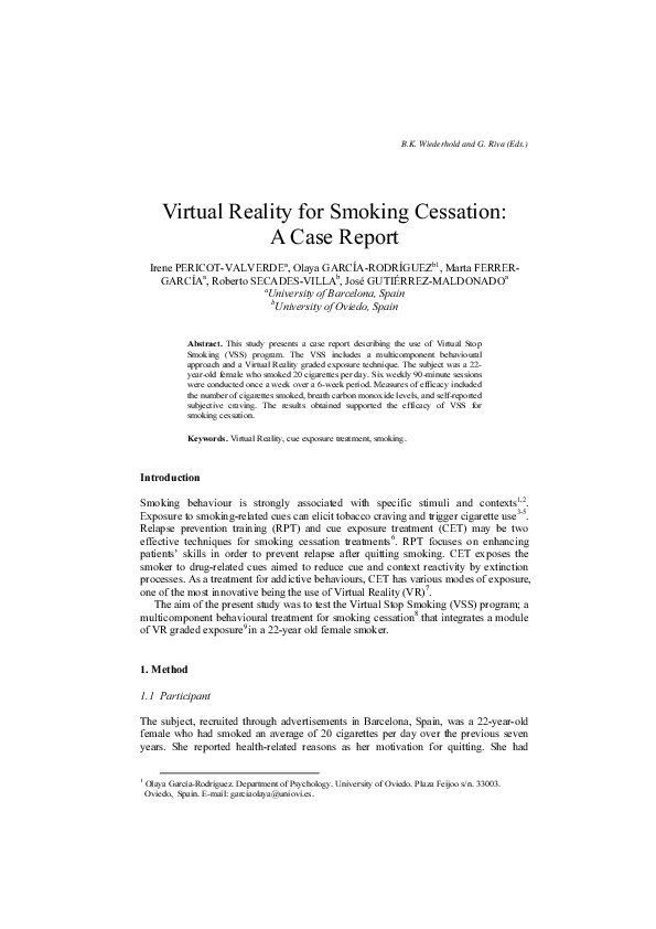 (PDF) Virtual reality for smoking cessation a case report Marta