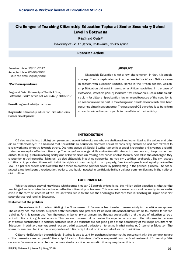 (PDF) Challenges of Teaching Citizenship Education Topics at Senior ...