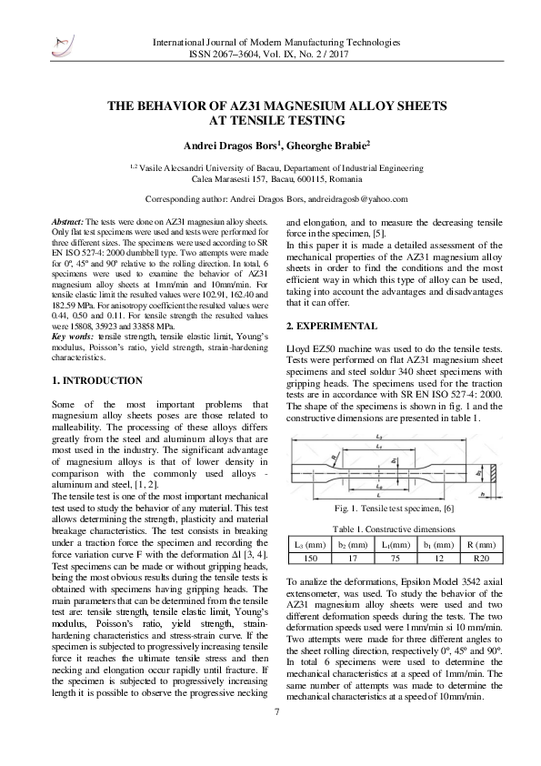 (PDF) The Behavior of AZ31 Magnesium Alloy Sheets at Tensile Testing