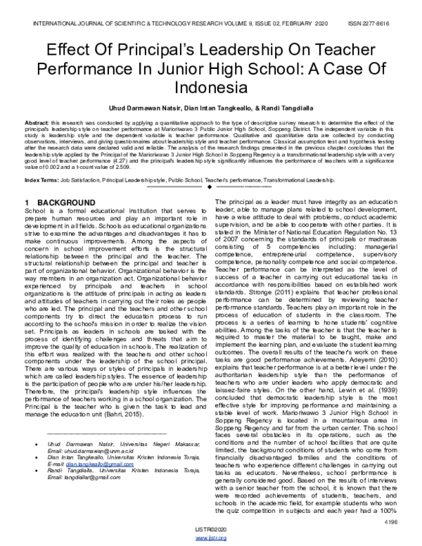 (PDF) Effect Of Principal’s Leadership On Teacher Performance In Junior ...