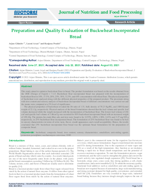 (PDF) Preparation and Quality Evaluation of Buckwheat Incorporated Bread