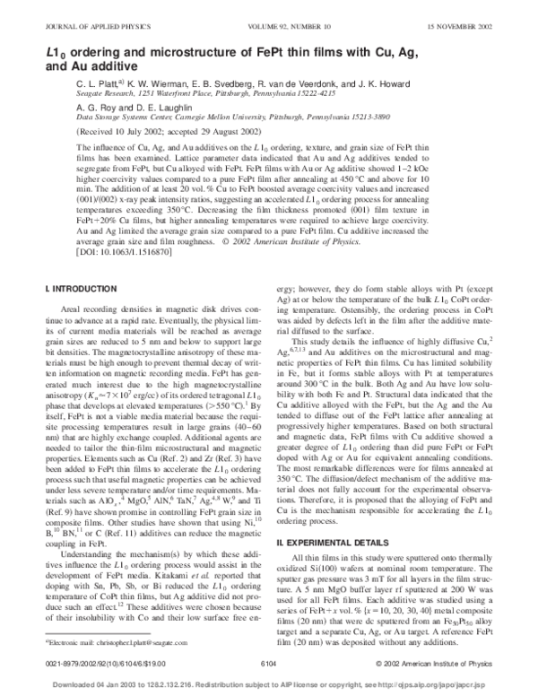 (PDF) L–10 ordering and microstructure of FePt thin films with Cu, Ag ...