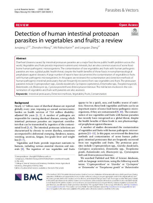 (PDF) Detection of human intestinal protozoan parasites in vegetables and fruits a review Md