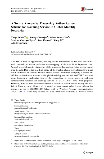 (PDF) A Secure Anonymity Preserving Authentication Scheme for Roaming ...