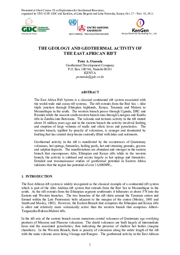 (PDF) The geology and geothermal activity of the East African Rift