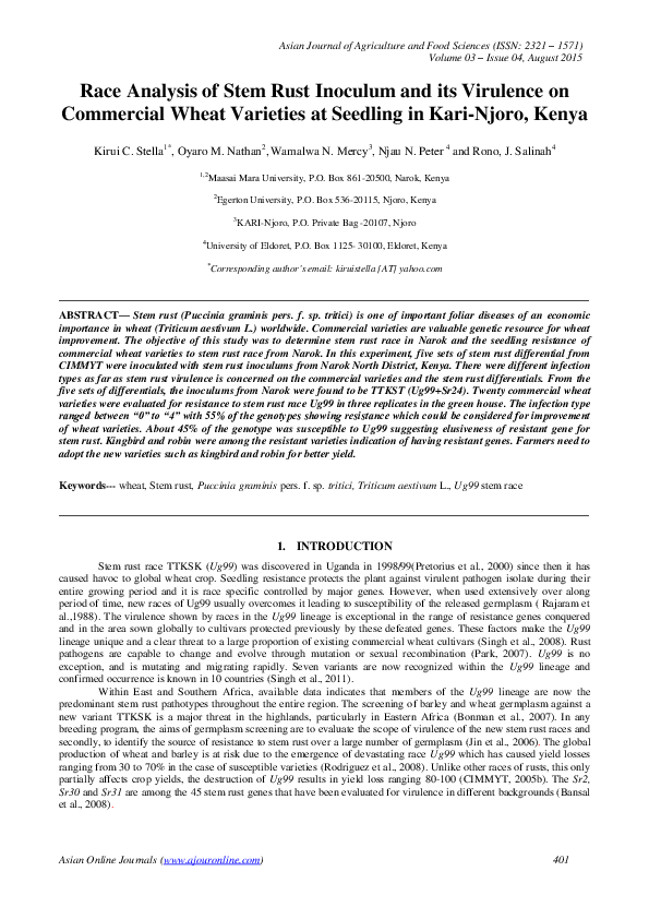 (PDF) Race Analysis of Stem Rust Inoculum and its Virulence on ...