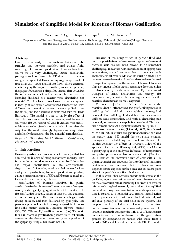 (PDF) Simulation of Simplified Model for Kinetics of Biomass Gasification