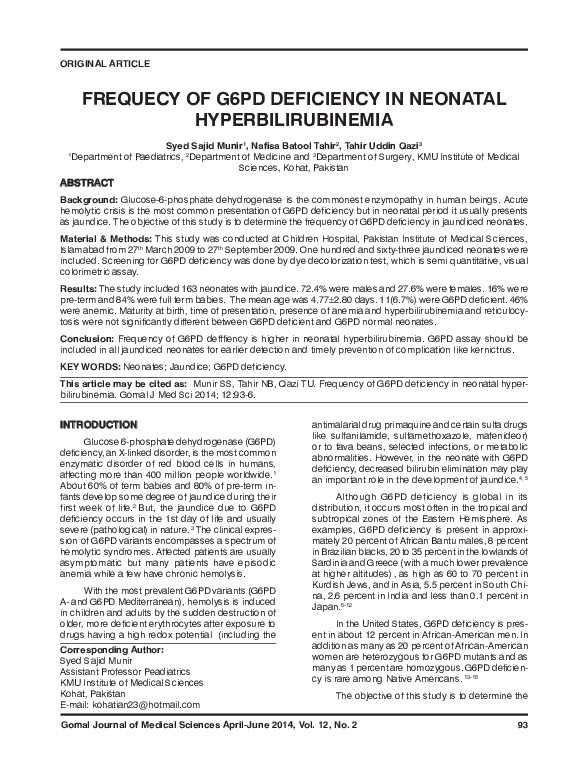 (PDF) Frequecy of G6PD Deficiency in Neonatal Hyperbilirubinemia