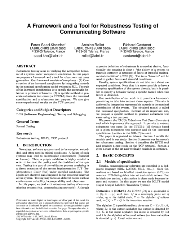 (PDF) A framework and a tool for robustness testing of communicating ...