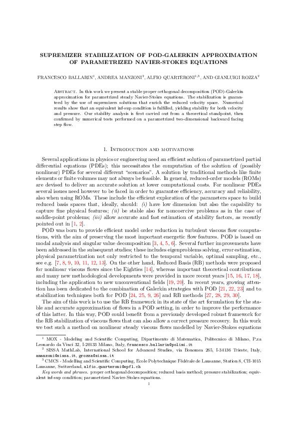 (PDF) Supremizer stabilization of POD-Galerkin approximation of ...