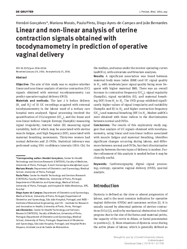 (PDF) Linear and non-linear analysis of uterine contraction signals ...