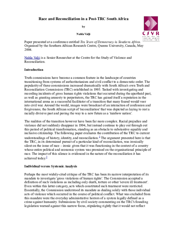 (PDF) Race and Reconciliation in a Post-TRC South Africa
