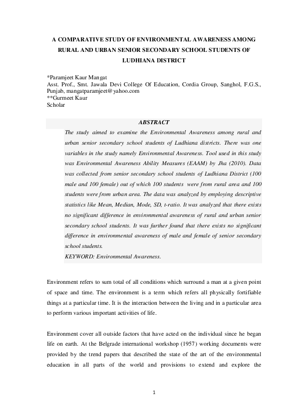 (PDF) A Comparative Study of Environmental Awareness Among Rural and ...