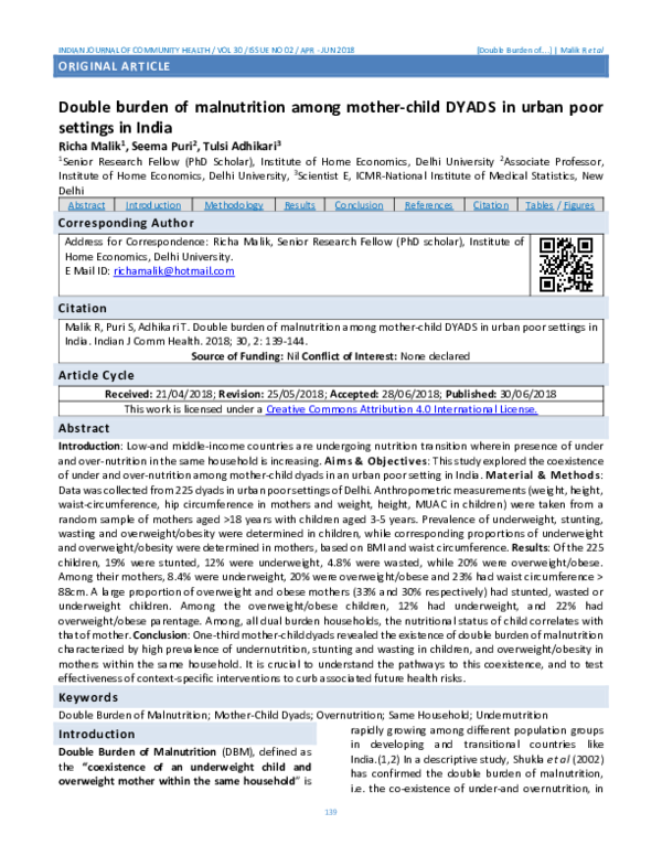 (PDF) Double burden of malnutrition among mother-child DYADS in urban ...