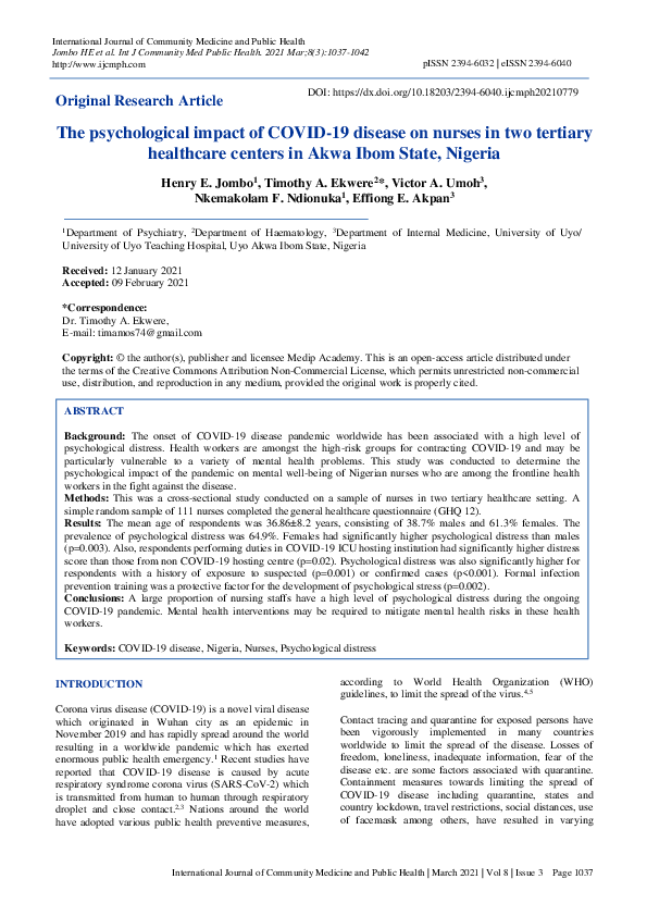 (PDF) The psychological impact of COVID-19 disease on nurses in two ...
