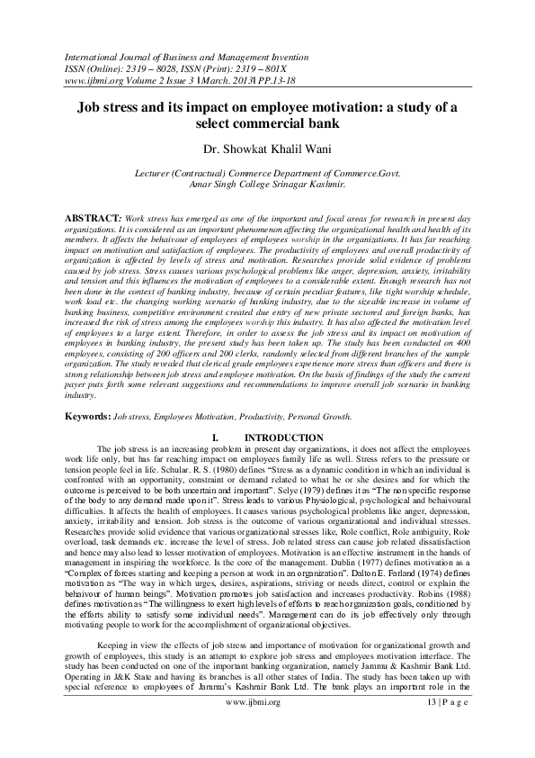 (PDF) Job stress and its impact on employee motivation : a study of a ...