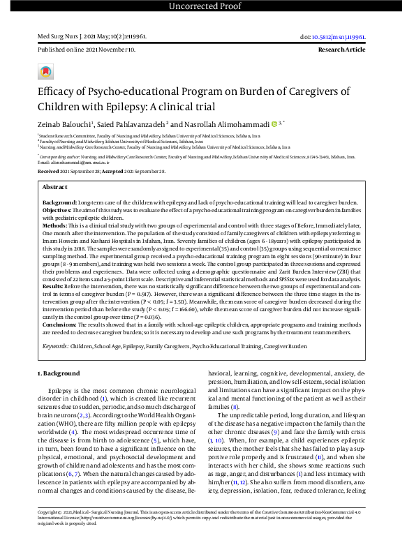 (PDF) Efficacy of Psycho-educational Program on Burden of Caregivers of ...