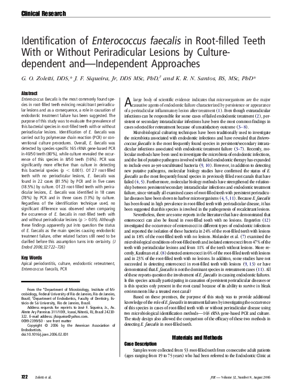 (PDF) Identification of Enterococcus faecalis in root-filled teeth with ...