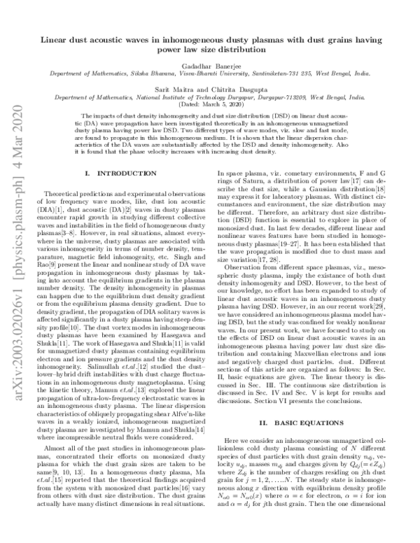 (PDF) Linear dust acoustic waves in inhomogeneous dusty plasmas with ...