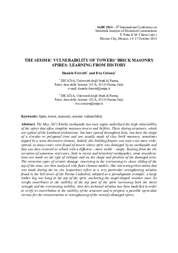(PDF) The Seismic Vulnerability of Towers ’ Brick Masonry Spires ...