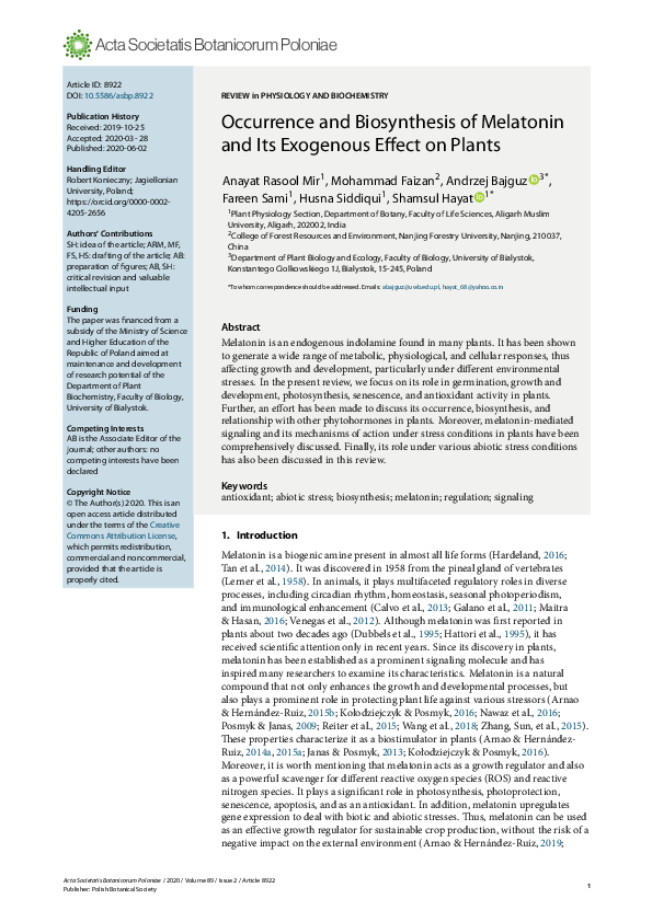 (PDF) Occurrence and Biosynthesis of Melatonin and Its Exogenous Effect ...