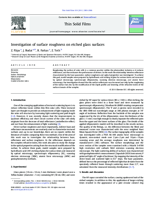 (PDF) Investigation of surface roughness on etched glass surfaces