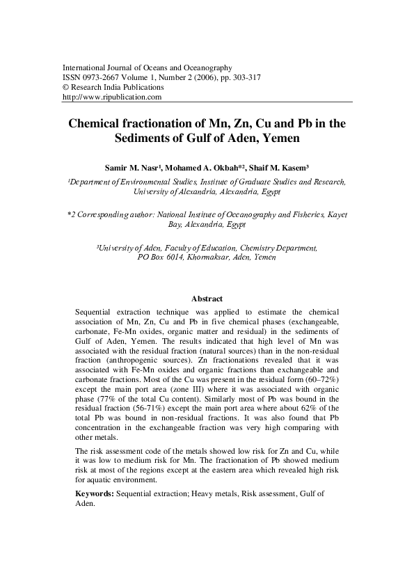 (PDF) Chemical fractionation of Mn, Zn, Cu and Pb in the Sediments of ...