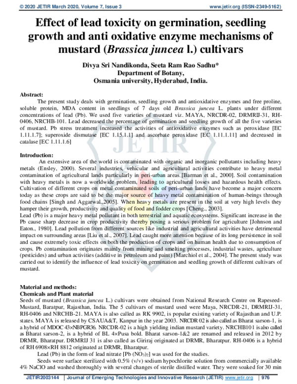 (PDF) Effect of lead toxicity on germination, seedling growth and anti ...