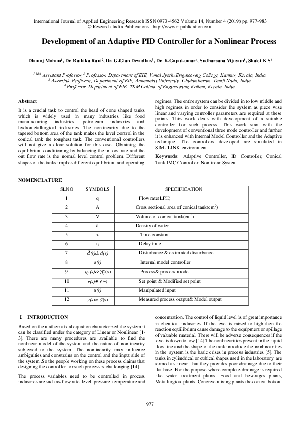 (PDF) Development of an Adaptive PID Controller for a Nonlinear Process
